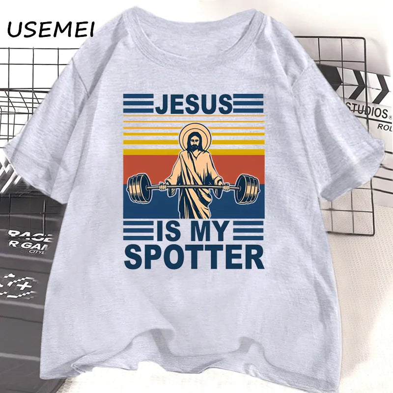 Fitness Jesus Is My Spotter T-shirt Men Casual Vintage Religious Faith Gym T Shirt Christian Funny Faith Tshirt Cotton Clothes