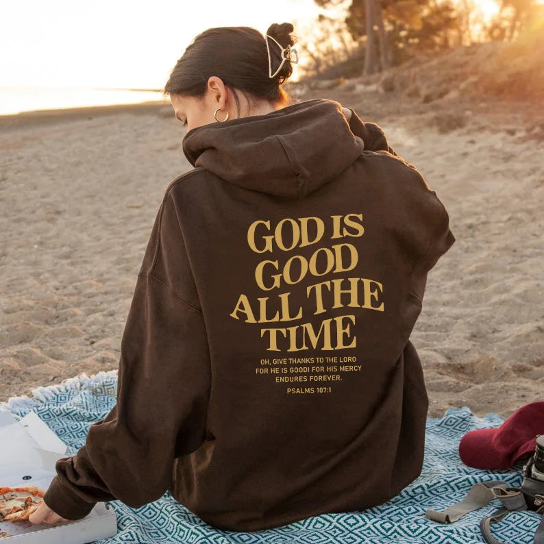 God Is Good All The Time Christian Hooded Sweatshirt Women Casual Print Long Sleeve Hoodie With Pocket Aesthetic Hoodies