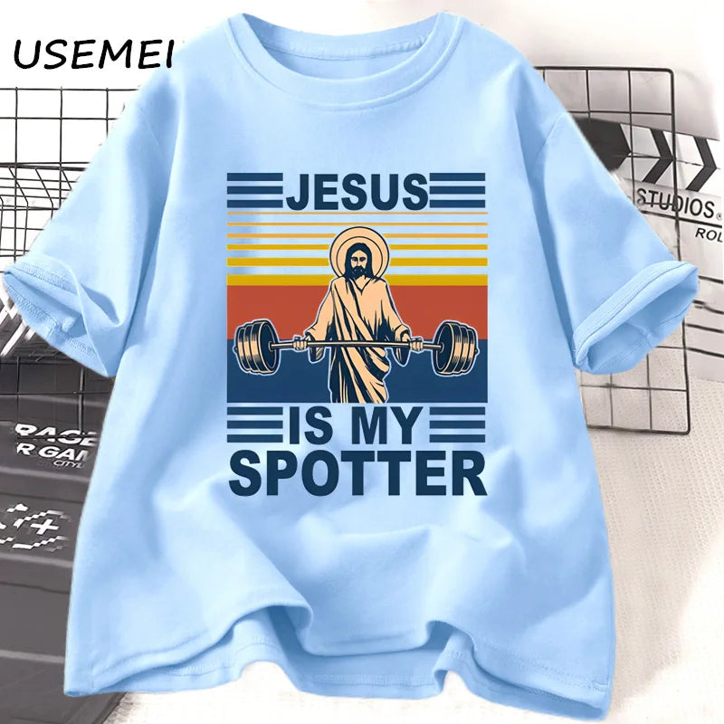Fitness Jesus Is My Spotter T-shirt Men Casual Vintage Religious Faith Gym T Shirt Christian Funny Faith Tshirt Cotton Clothes