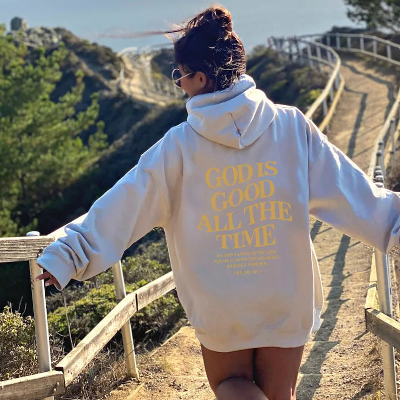 God Is Good All The Time Christian Hooded Sweatshirt Women Casual Print Long Sleeve Hoodie With Pocket Aesthetic Hoodies