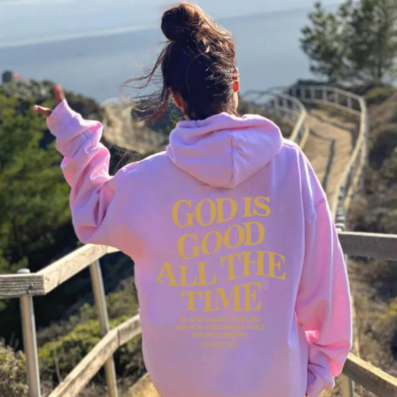 God Is Good All The Time Christian Hooded Sweatshirt Women Casual Print Long Sleeve Hoodie With Pocket Aesthetic Hoodies